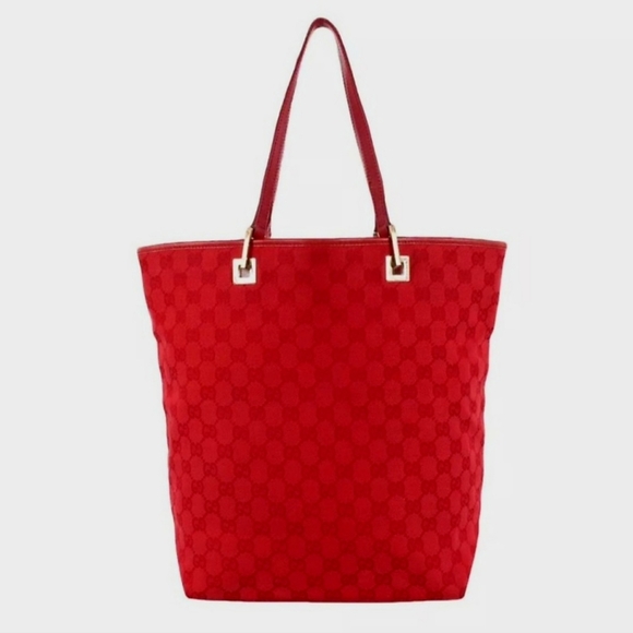 Gucci Red Denim Canvas Tote With Leather Handles & EUC Large - Picture 6 of 10